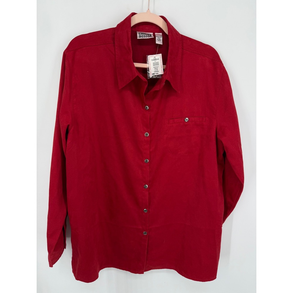 NEW Chico's Design Button Down Women 3 Cardinal Red Faux Suede Long Sleeve Top